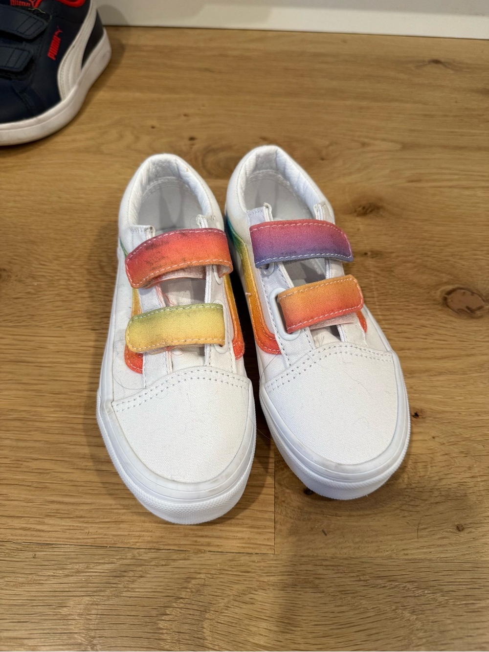 Vans Kids White Canvas Sneakers with Rainbow Velcro Straps